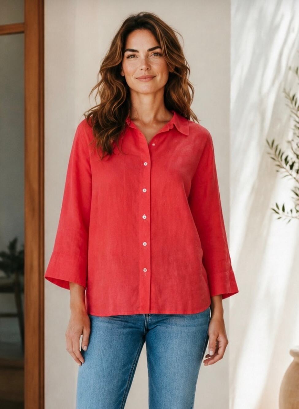 Talbots Women's Irish Linen Button Down Shirt Red Top Blouse Size 14 Petite